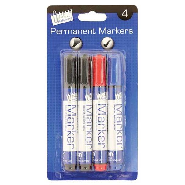 4 Permanent Markers Chisel Tip Assorted Colours